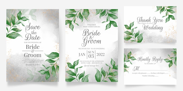 Wedding invitation card template set with watercolor leaves decoration