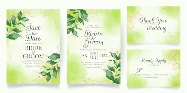 Wedding invitation card template set with watercolor leaves decoration