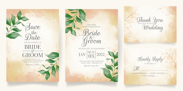 Wedding invitation card template set with watercolor leaves decoration