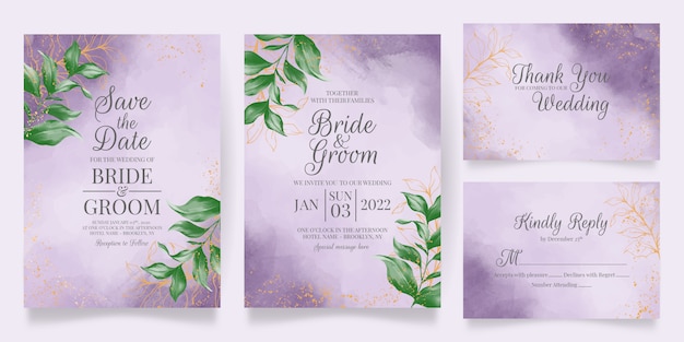 Modello di carta di invito a nozze con decorazione di foglie di acquerello