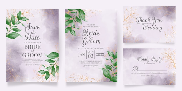 結婚式の招待カードテンプレートセット水彩葉装飾