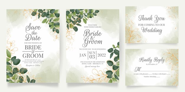 wedding invitation card template set with watercolor leaves decoration