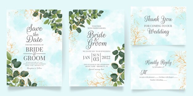 Wedding invitation card template set with watercolor leaves decoration