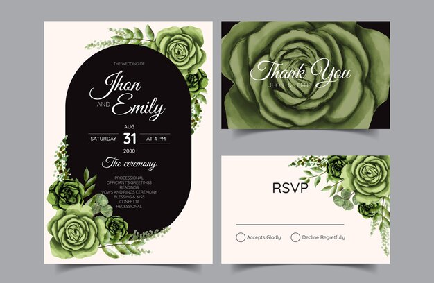 결혼식 초대 카드 템플릿 흰색 장미 꽃다발 화환 휴가 수채화 그림으로 설정