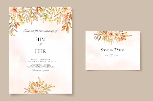 Wedding invitation card template with autumn leaves