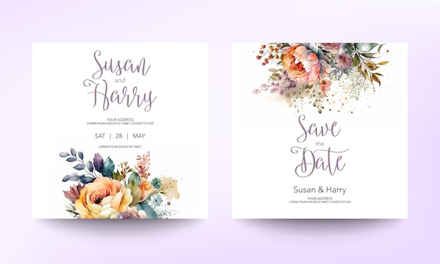아름 다운 꽃과 잎 결혼식 초대 카드 템플릿. 수채화 브러시. 디자인 포스터.