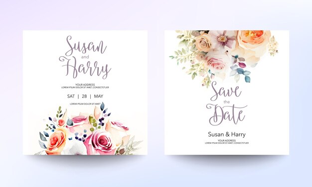 美しい花と葉の結婚式招待状カード テンプレート水彩ブラシ デザイン ポスター