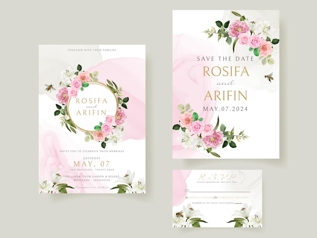 Wedding invitation card template with beautiful floral hand drawn