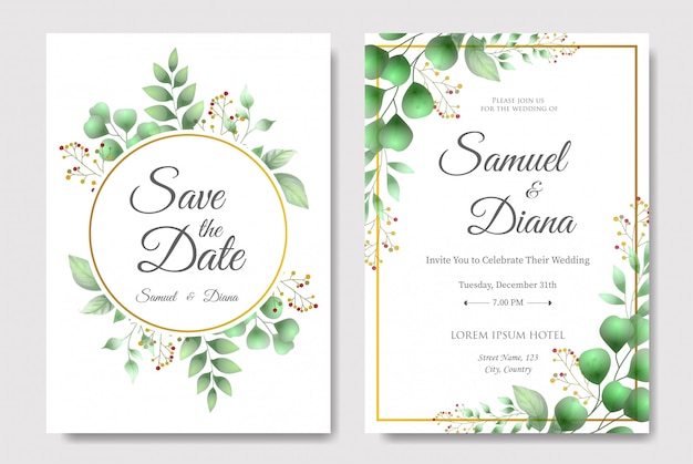 ベクトル 美しい花の葉を持つ結婚式の招待カードのテンプレート