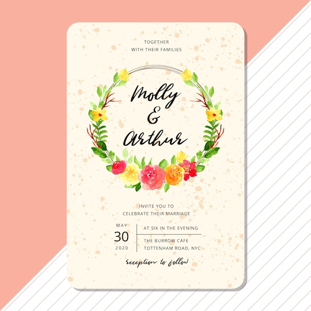 Wedding invitation card template with beautiful flower watercolor wreath