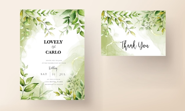 Wedding invitation Card template with beautiful greenery leaves in alcohol ink background