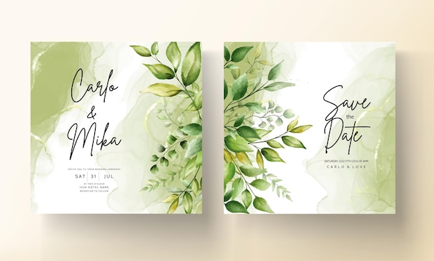 Premium Vector | Wedding invitation card template with beautiful greenery  leaves in alcohol ink background