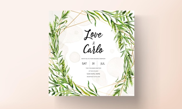 美しい緑の葉と結婚式の招待カードのテンプレート