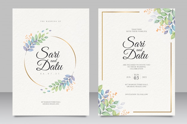 Wedding invitation card template with beautiful leaves