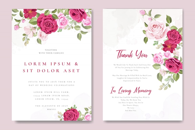 美しいピンクのバラの結婚式の招待カードテンプレート