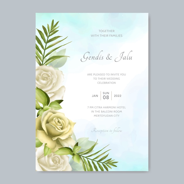 아름 다운 장미와 나뭇잎 결혼식 초대 카드 템플릿