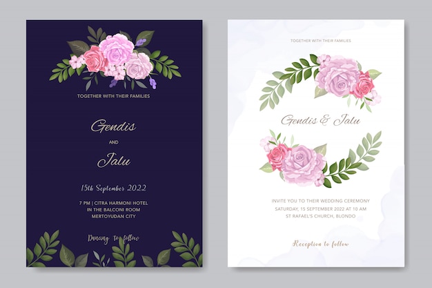 wedding invitation card template with beautiful rose and leaf