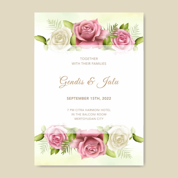 Свадебные приглашения шаблон с красивой розой и листьями