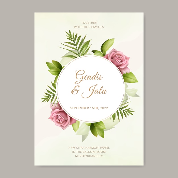 wedding invitation card template with beautiful rose and leaves