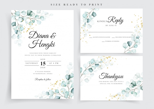 Wedding invitation card template with beautiful soft eucalyptus