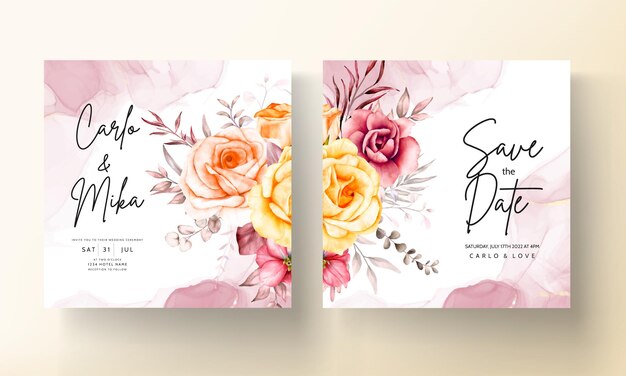 美しい暖かい色の花の花の結婚式の招待カードのテンプレート