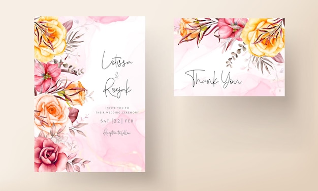 Vector wedding invitation card template with beautiful warm colored flower floral