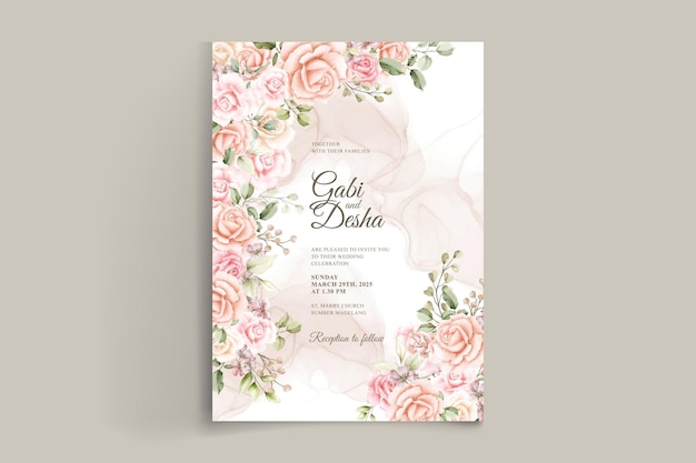 Wedding invitation card template with beautiful watercolor roses