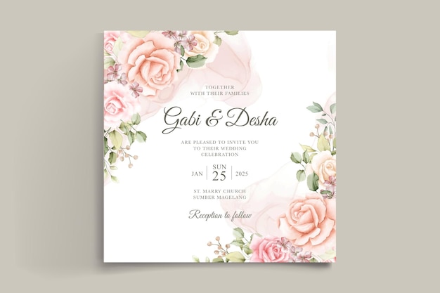 Wedding invitation card template with beautiful watercolor roses