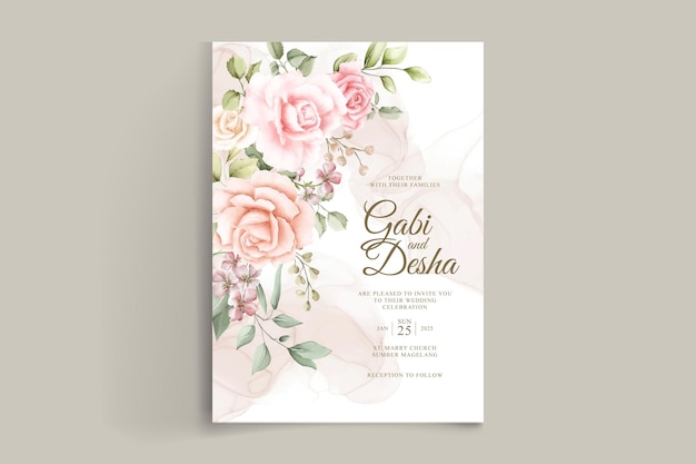 Wedding invitation card template with beautiful watercolor roses