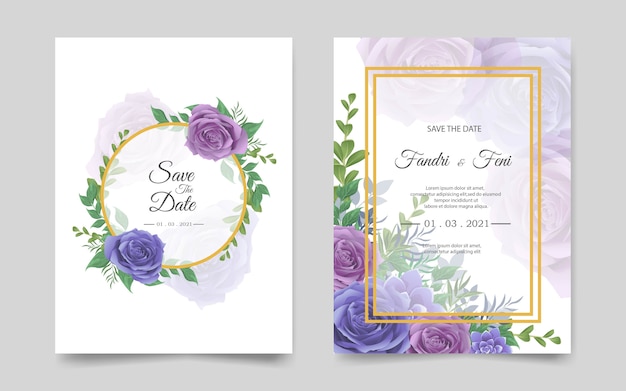 Modello di carta di invito di nozze con fiori blu e viola