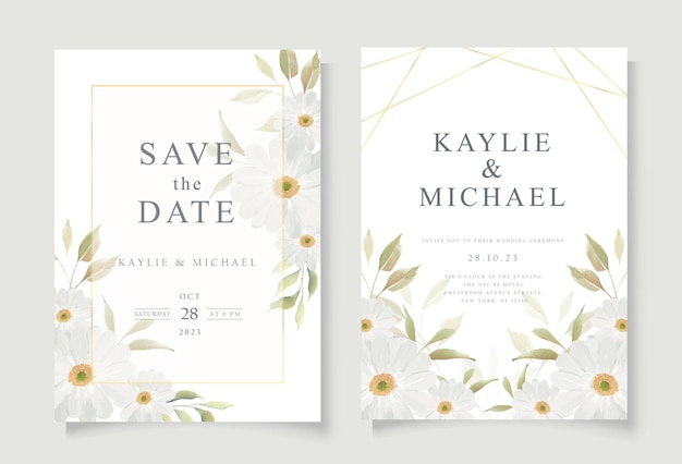 Wedding Invitation Card Template with Daisy Flowers Watercolor