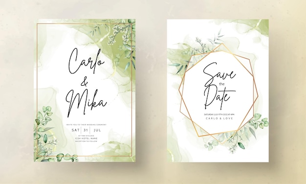 Wedding invitation card template with eucalyptus leaves watercolor