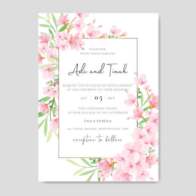 Wedding invitation card template with floral cherry blossom design