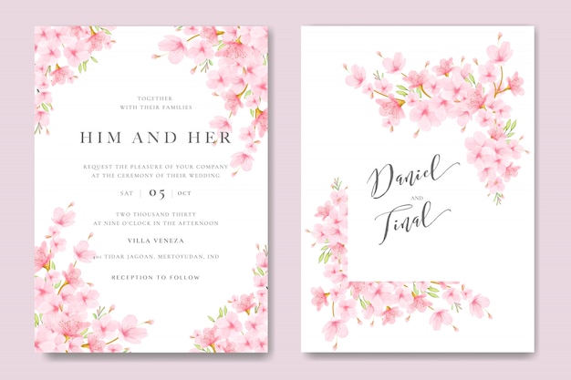 ベクトル 花の桜のデザインと結婚式の招待カードテンプレート