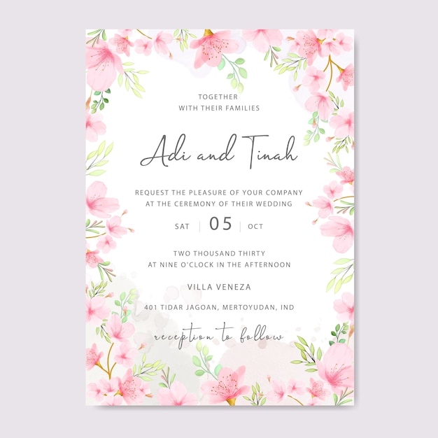 Wedding invitation card template with floral cherry blossom frame