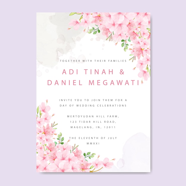 wedding invitation card template with floral cherry blossom frame