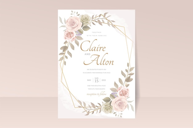 Wedding invitation card template with floral design