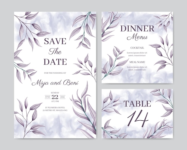 花の装飾品と結婚式の招待カードのテンプレート