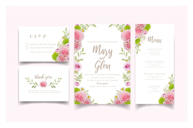 Wedding invitation card template with floral pink roses