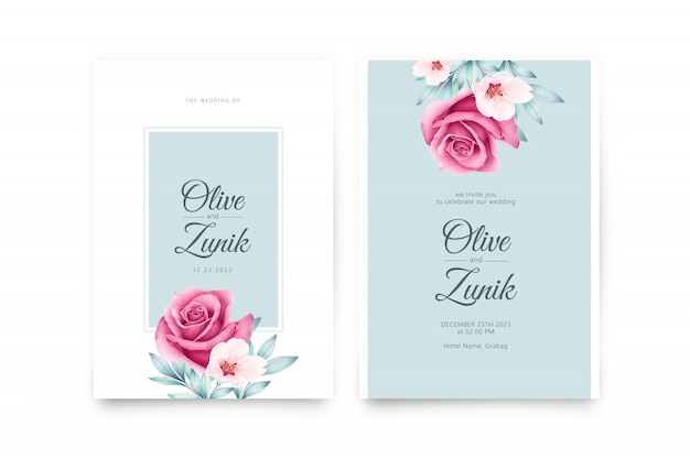 Wedding invitation card template with floral watercolor