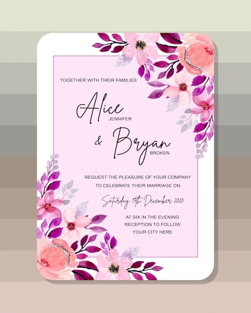 wedding invitation card template with floral watercolor