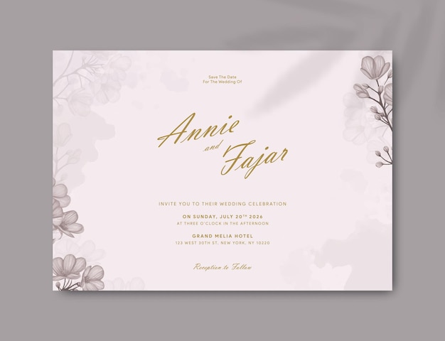 Wedding invitation card template with flower watercolor premium vector