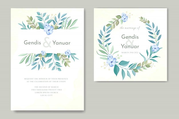 wedding invitation card template with green leaves