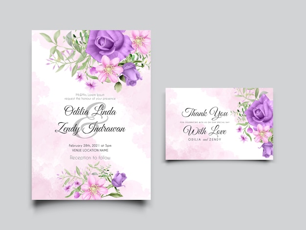 手描きのピンクと紫のバラの結婚式の招待カードテンプレート