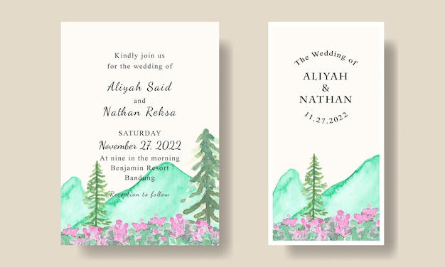 Vector wedding invitation card template with hand painted watercolor mountain trees background editable