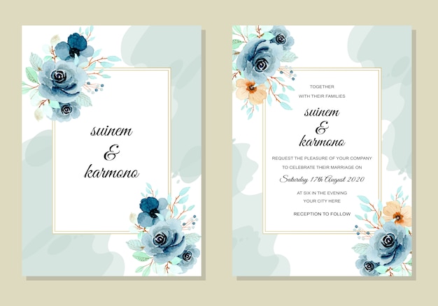 Wedding invitation card template with indigo flower watercolor