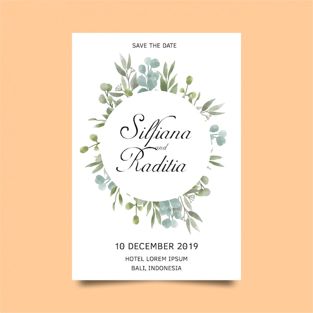 Vector wedding invitation card template with leaves in watercolor style