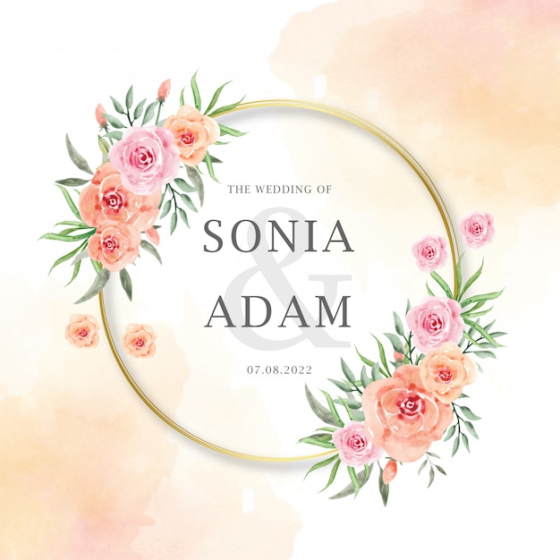 Wedding invitation card template with peach rose flowers wreath watercolor