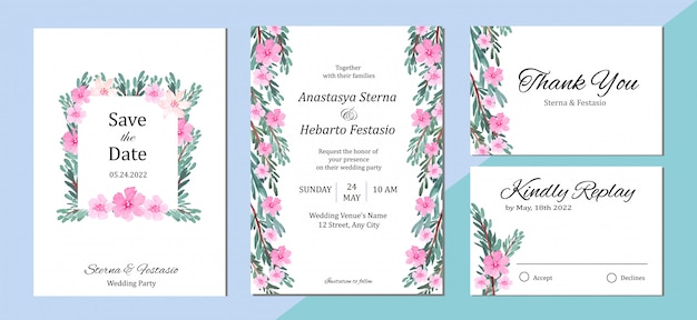 Шаблон свадебного приглашения с розовым цветочным акварельным фоном