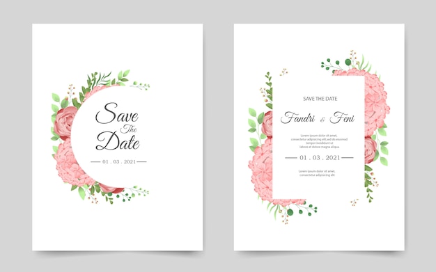 Wedding invitation card template with pink flowers